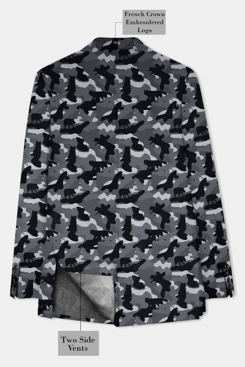 Carbon Gray And Cinder Black Camouflage Printed Cotton Single Breasted Suit 9