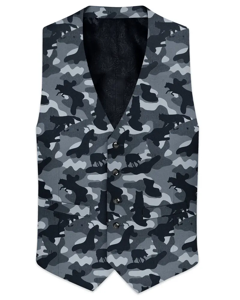Carbon Gray And Cinder Black Camouflage Printed Cotton Waistcoat 1