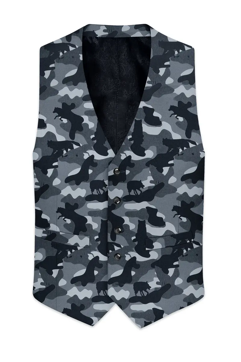 Carbon Gray And Cinder Black Camouflage Printed Cotton Waistcoat 2