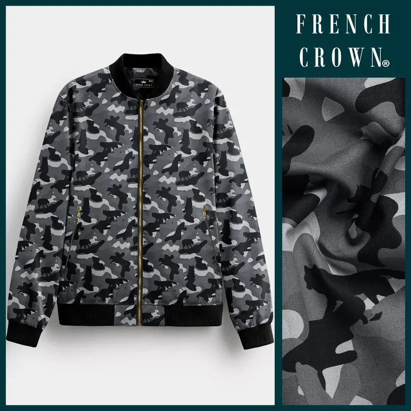 Carbon Gray And Cinder Black Camouflage Printed Premium Cotton Bomber Jacket 1