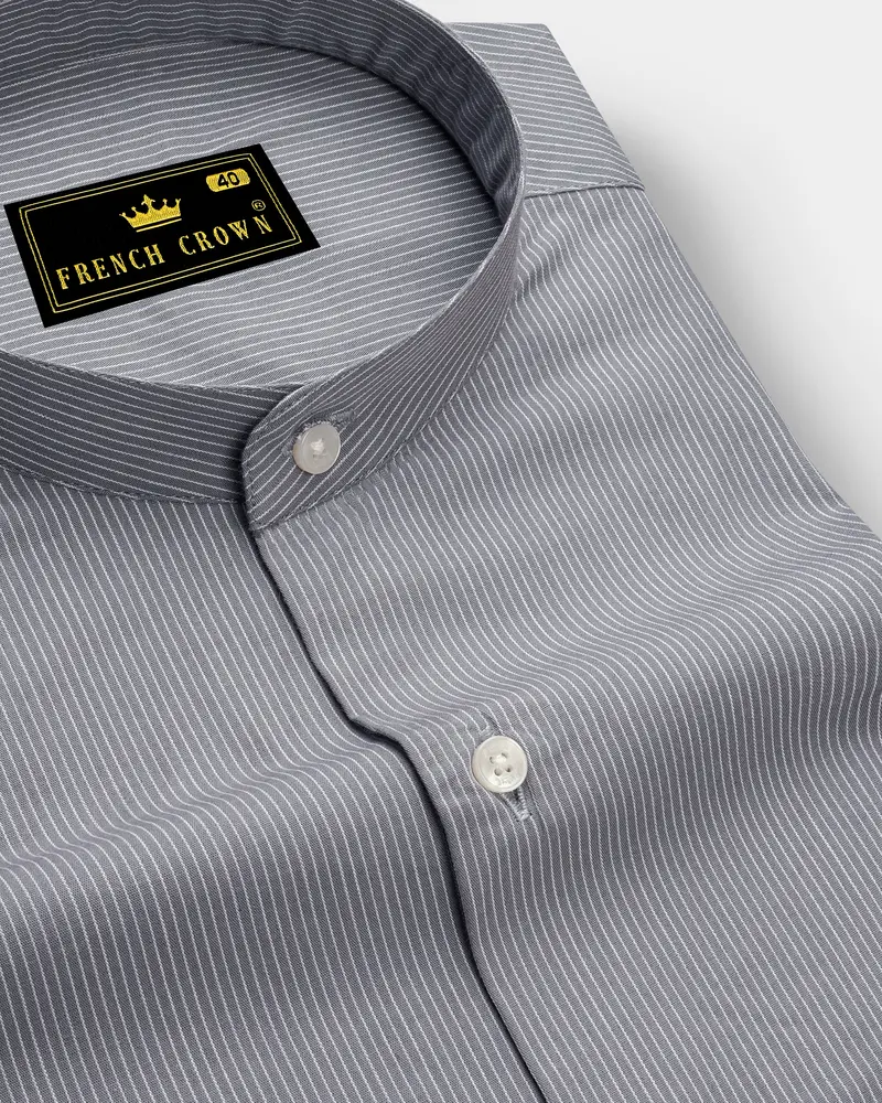 Carbonis-Granite Gray Striped Subtle Sheen Super Soft Premium Cotton Mandarin Dress Shirt 1