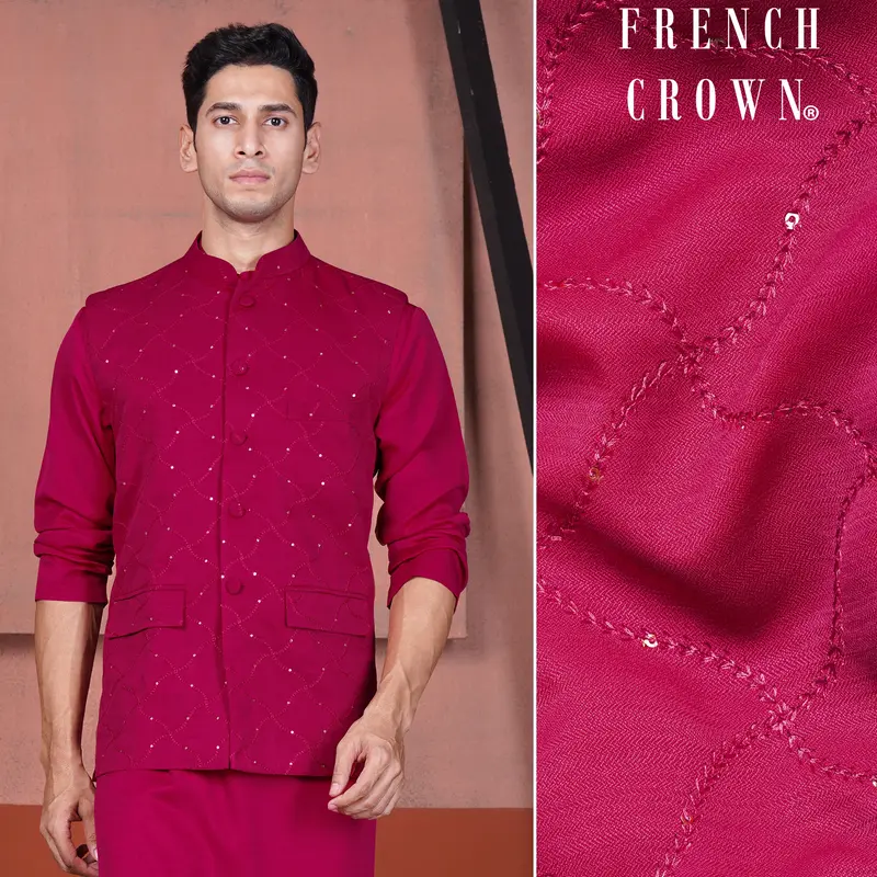 Cardinal Pink Viscose Embroidered With Tikki Work Designer Nehru Jacket 1