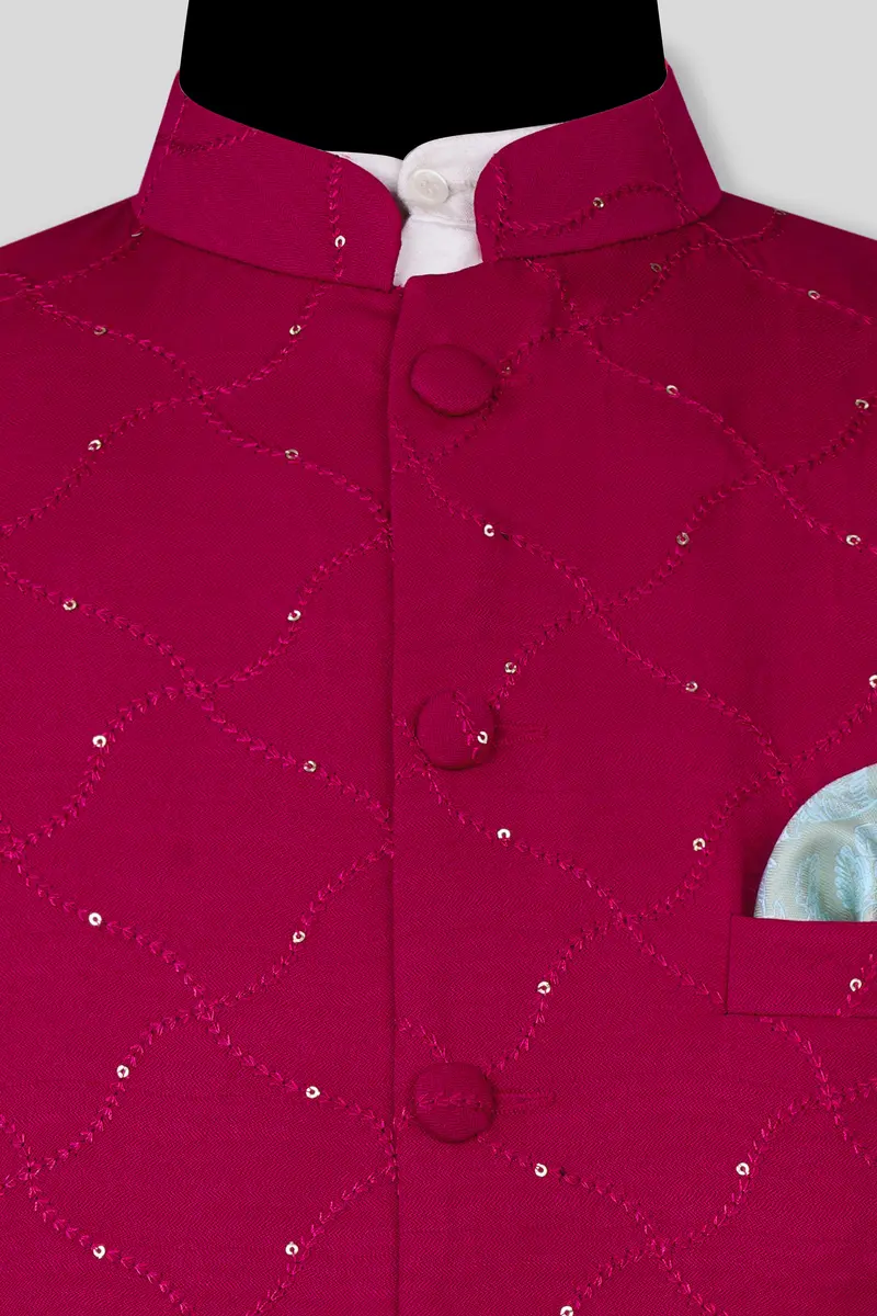Cardinal Pink Viscose Embroidered With Tikki Work Designer Nehru Jacket 10