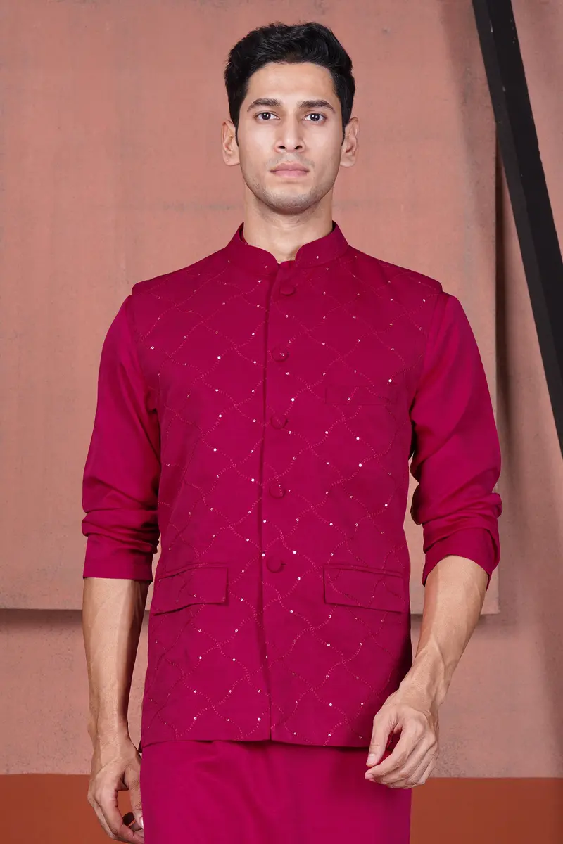 Cardinal Pink Viscose Embroidered With Tikki Work Designer Nehru Jacket 2