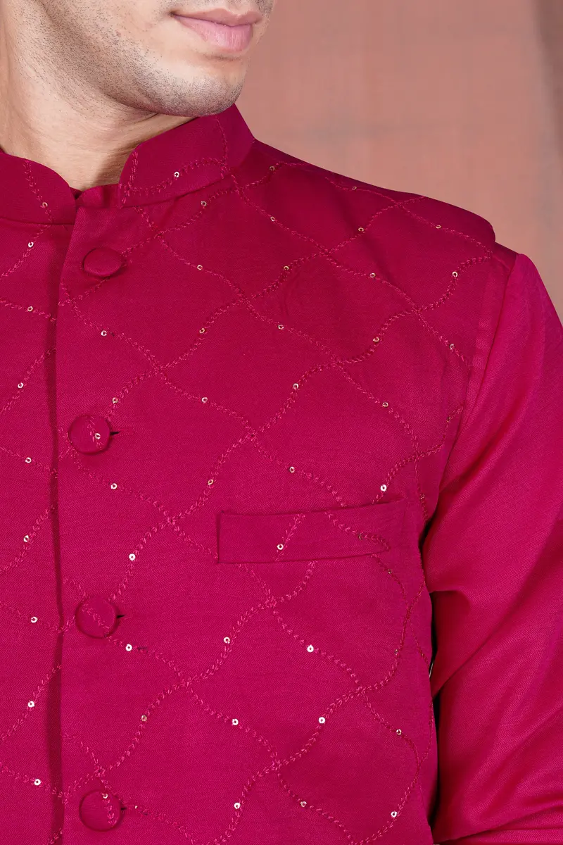Cardinal Pink Viscose Embroidered With Tikki Work Designer Nehru Jacket 4