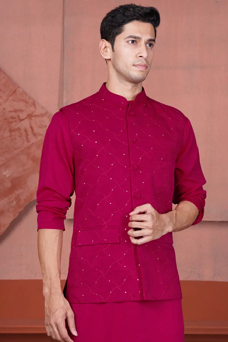 Cardinal Pink Viscose Embroidered With Tikki Work Designer Nehru Jacket 5