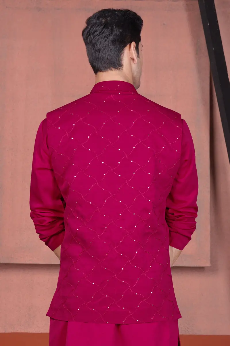 Cardinal Pink Viscose Embroidered With Tikki Work Designer Nehru Jacket 6