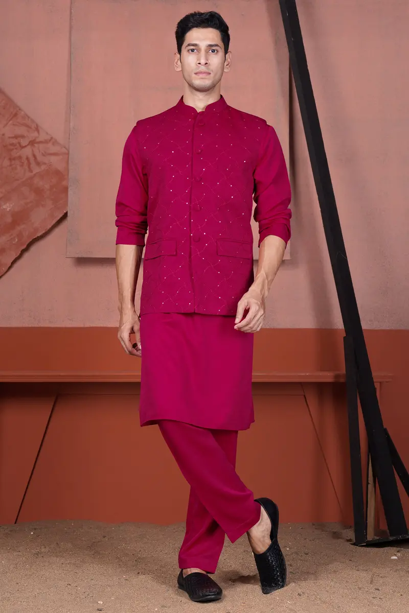 Cardinal Pink Viscose Embroidered With Tikki Work Designer Nehru Jacket 7