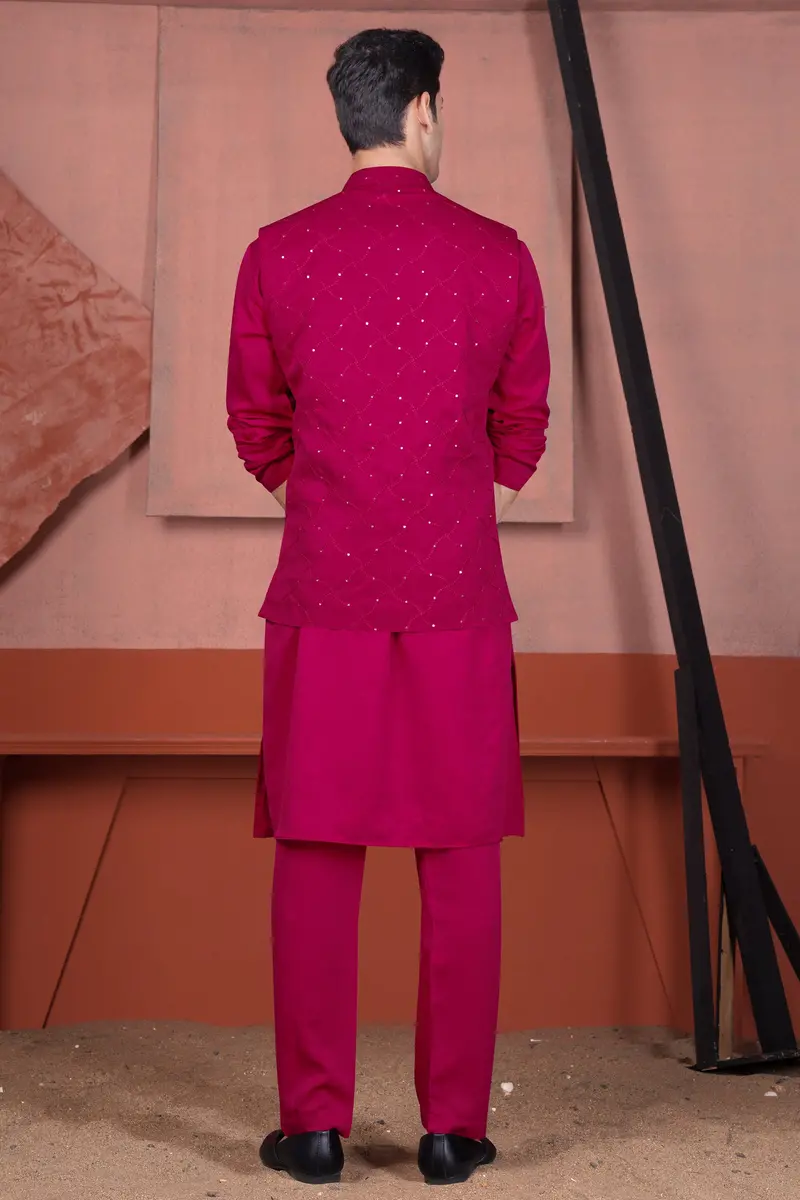Cardinal Pink Viscose Embroidered With Tikki Work Designer Nehru Jacket 8