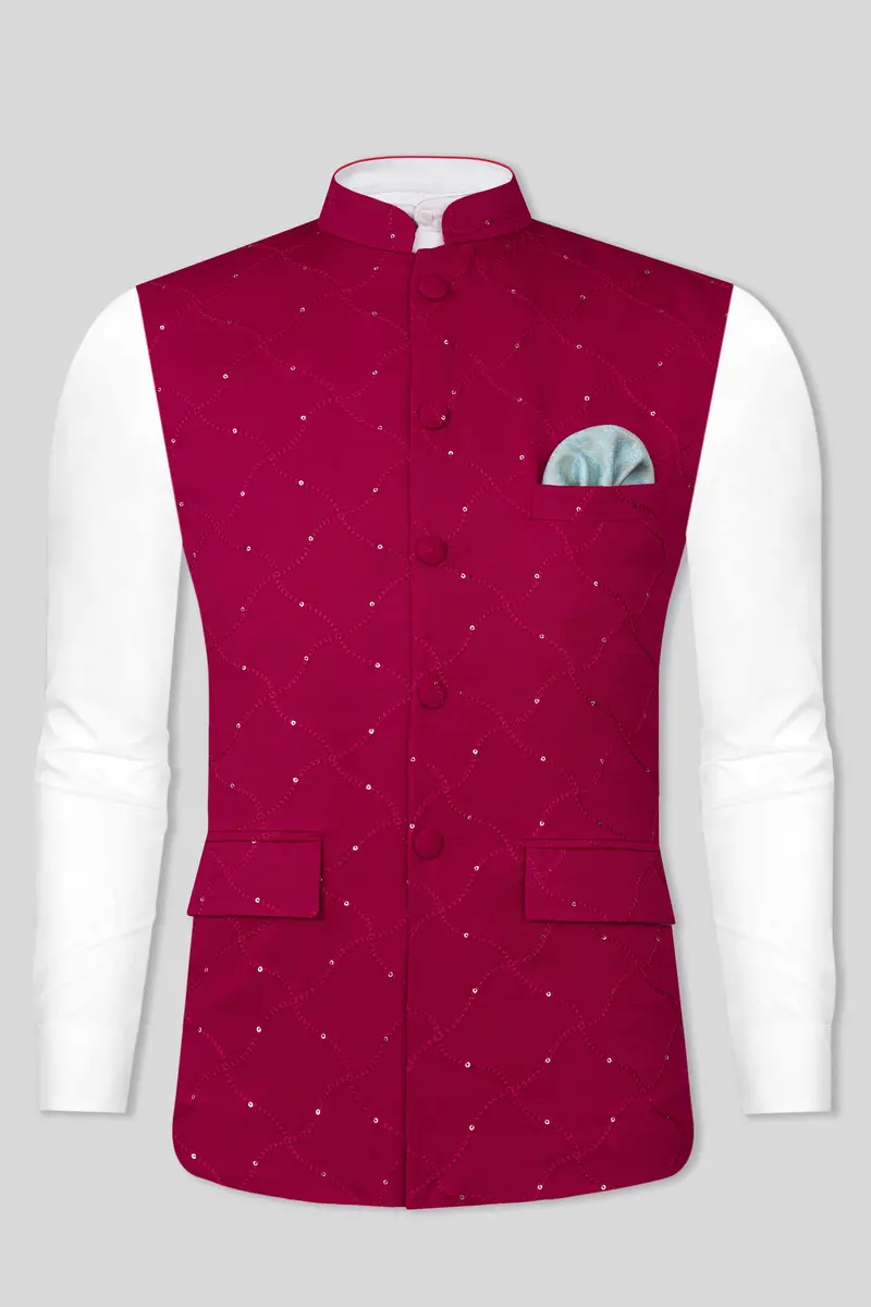 Cardinal Pink Viscose Embroidered With Tikki Work Designer Nehru Jacket 9