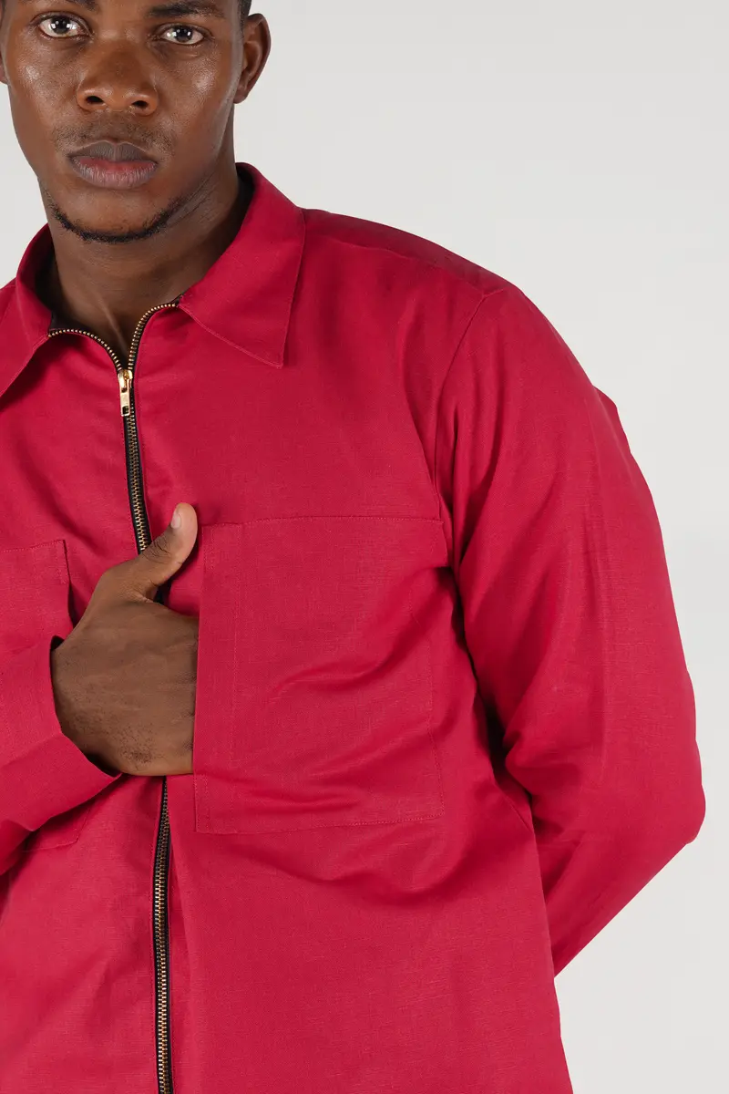 Cardinal Red Luxurious Linen Textured Jacket With Metallic Zipper Closer 1