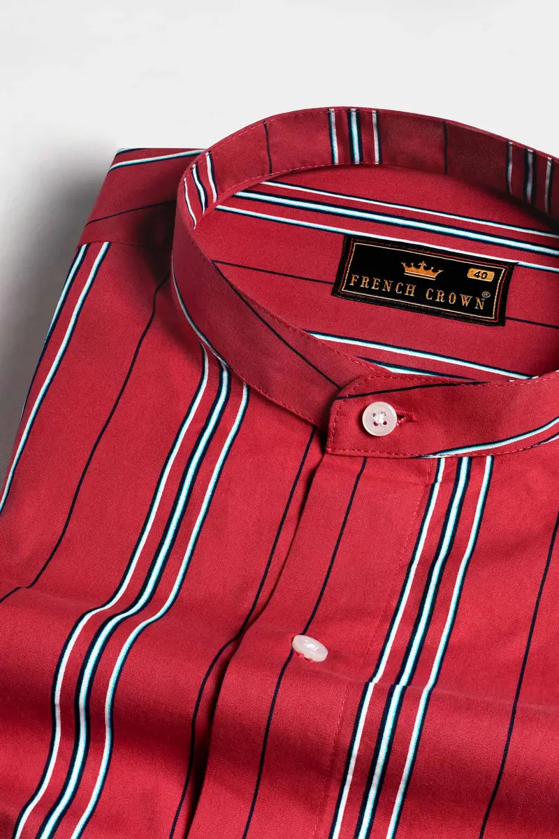 Cardinal Red With White And Cove Blue Striped Twill Premium Cotton Shirt 1