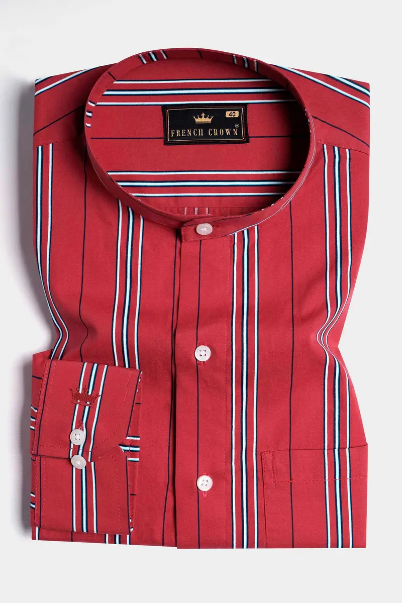 Cardinal Red With White And Cove Blue Striped Twill Premium Cotton Shirt 3
