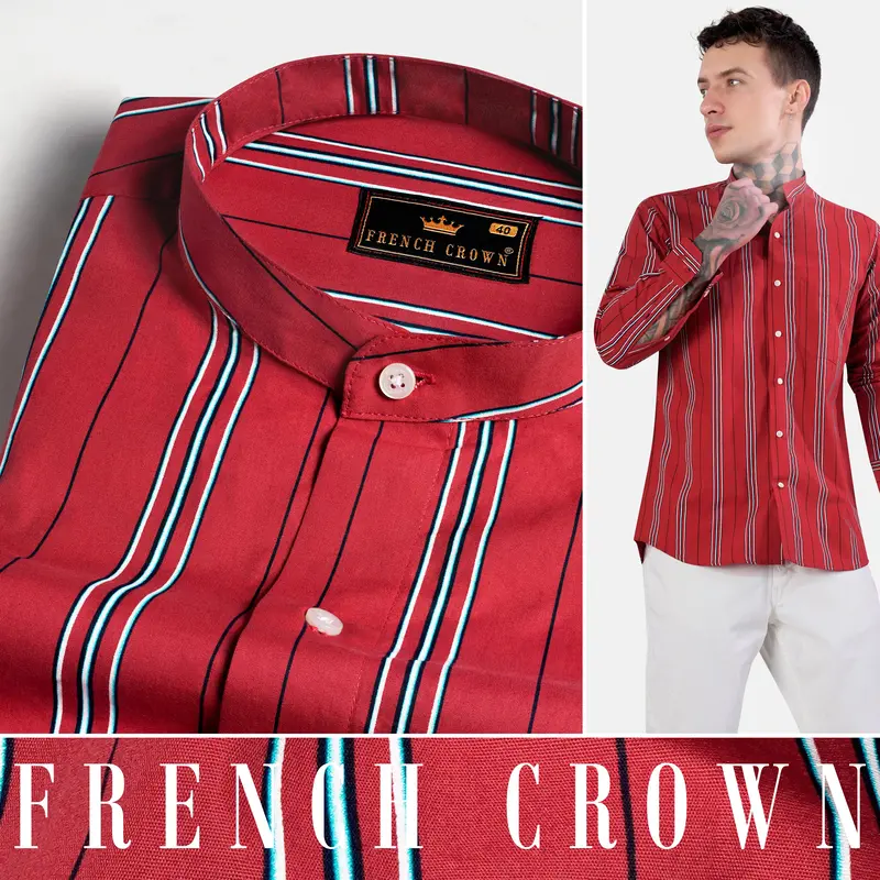 Cardinal Red With White And Cove Blue Striped Twill Premium Cotton Shirt 4