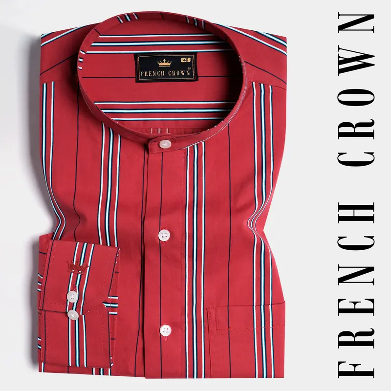 Cardinal Red With White And Cove Blue Striped Twill Premium Cotton Shirt 7