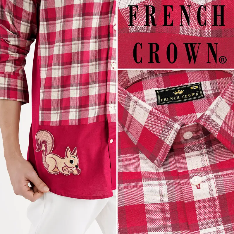 Cardinal Red With White Checkered Squirrel Patchwork Dobby Premium Giza Cotton Designer Shirt 1