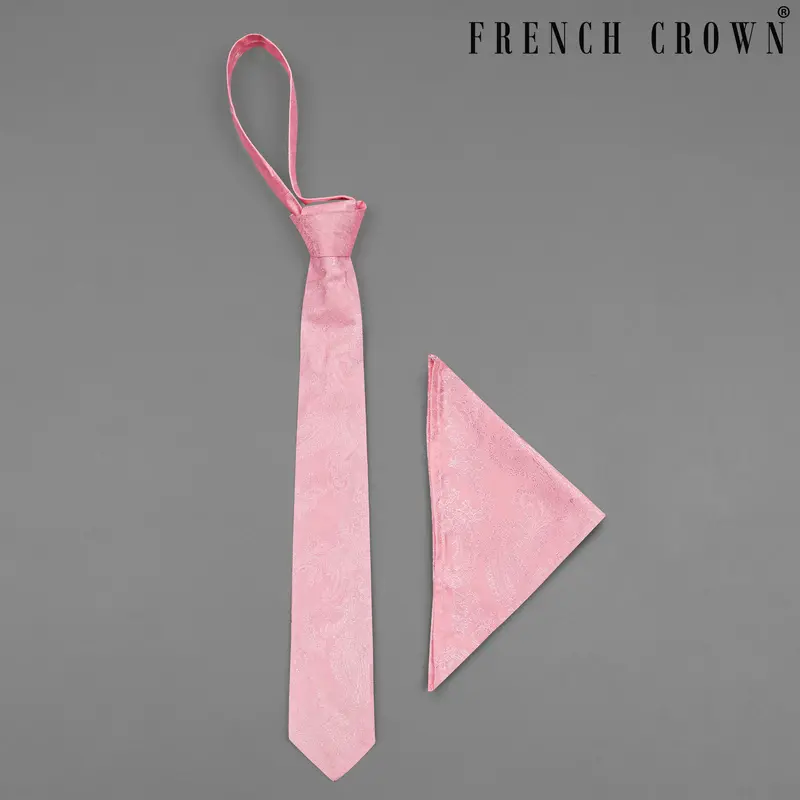 Careys Pink Paisley Jacquard Tie With Pocket Square 1