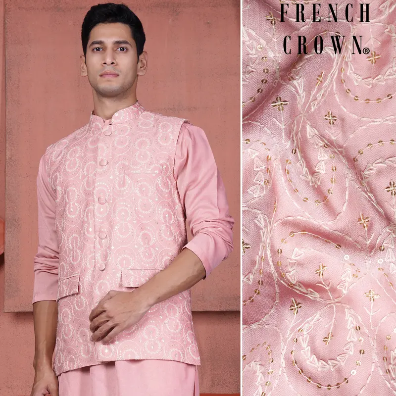 Careys Pink Viscose Circular Cotton Thread Embroidered Designer Nehru Jacket 1