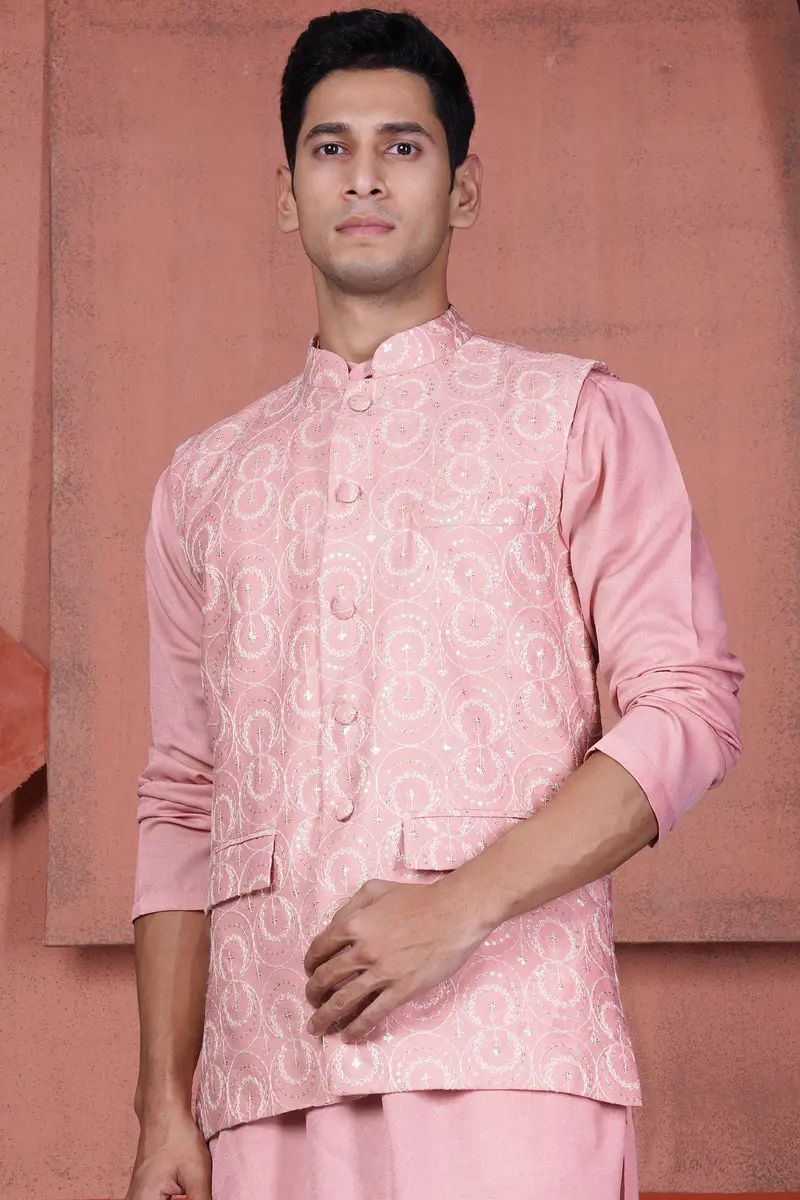 Careys Pink Viscose Circular Cotton Thread Embroidered Designer Nehru Jacket 2