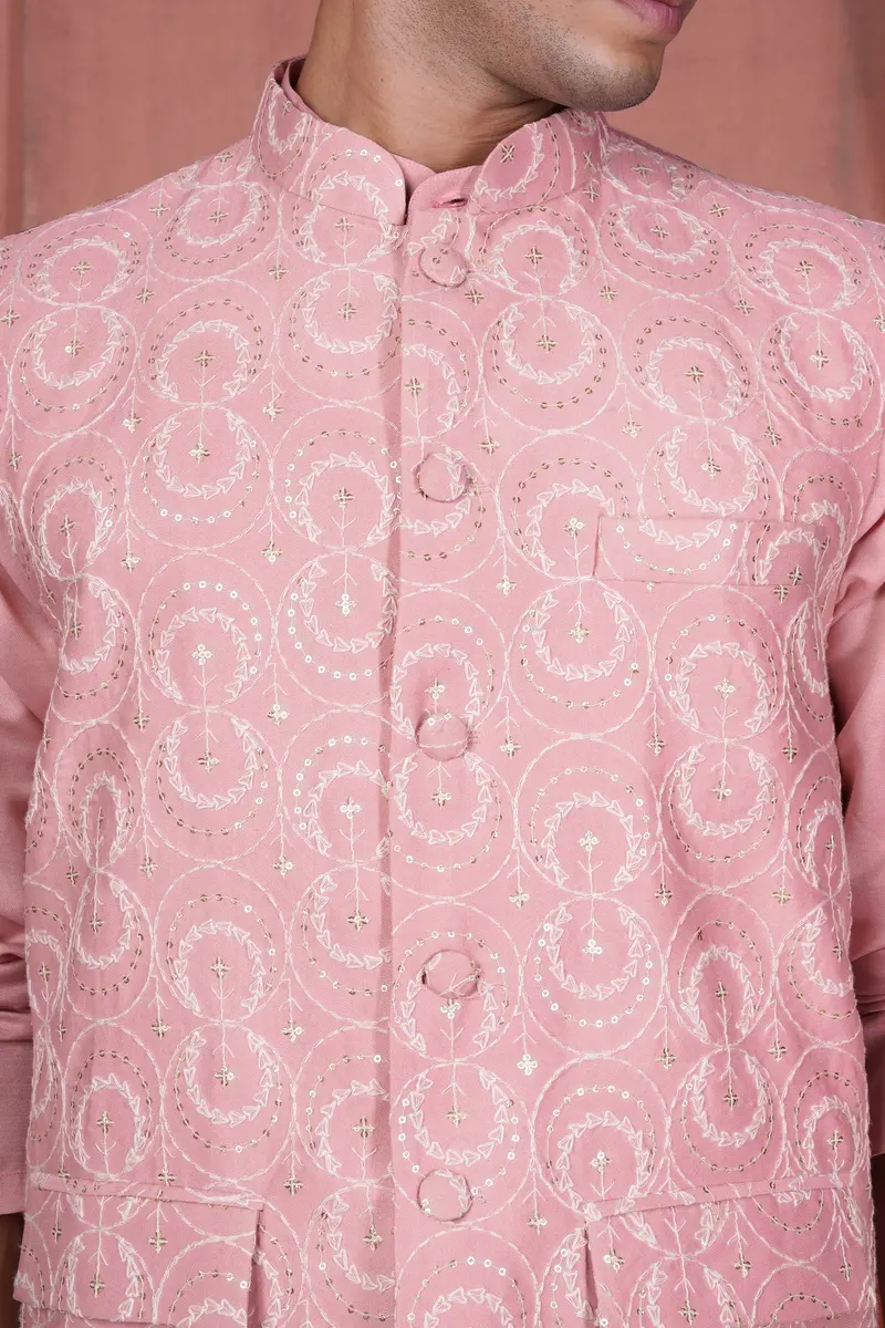 Careys Pink Viscose Circular Cotton Thread Embroidered Designer Nehru Jacket 4