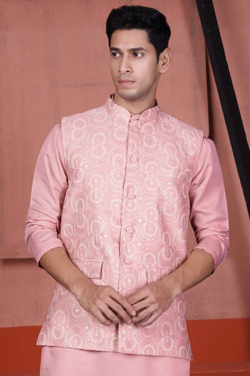 Careys Pink Viscose Circular Cotton Thread Embroidered Designer Nehru Jacket 5