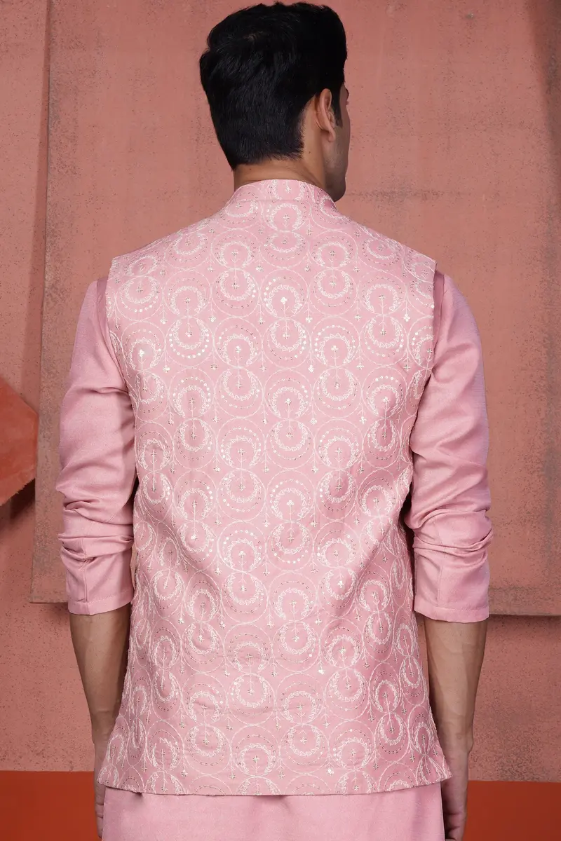 Careys Pink Viscose Circular Cotton Thread Embroidered Designer Nehru Jacket 6