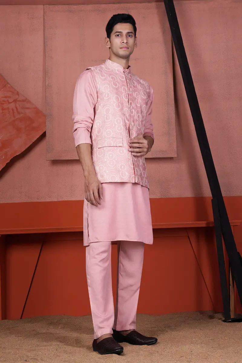 Careys Pink Viscose Circular Cotton Thread Embroidered Designer Nehru Jacket 7