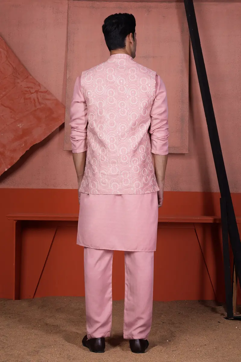Careys Pink Viscose Circular Cotton Thread Embroidered Designer Nehru Jacket 8