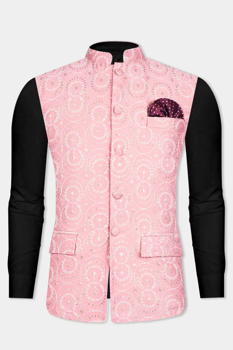 Careys Pink Viscose Circular Cotton Thread Embroidered Designer Nehru Jacket 9