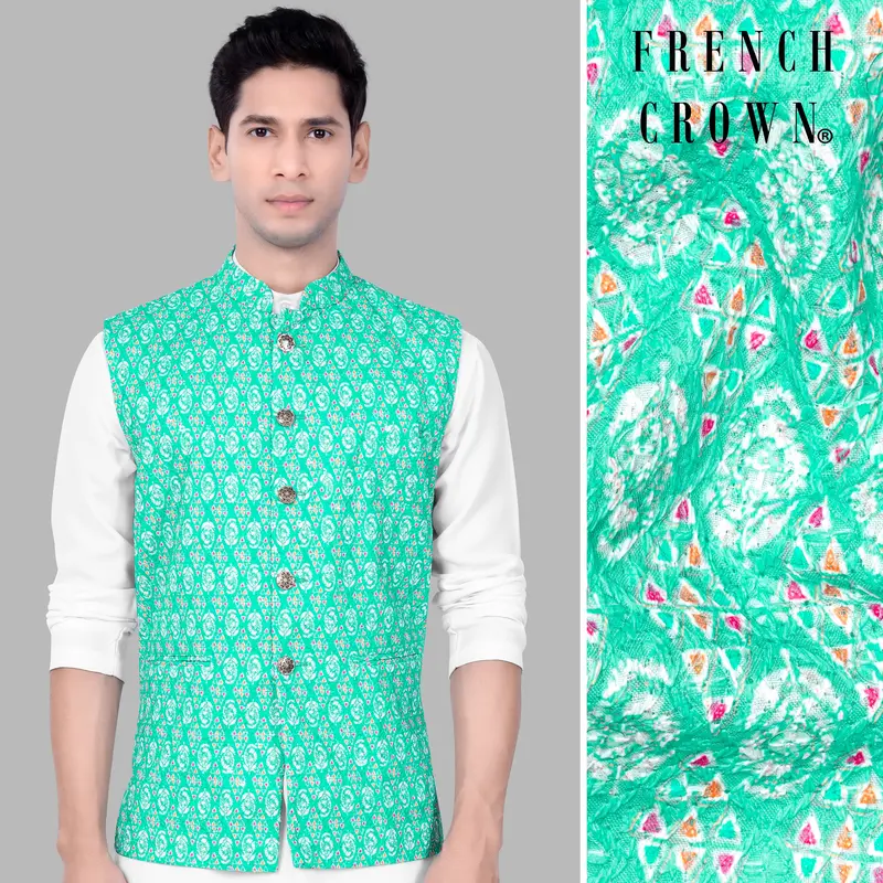Caribbean Blue And Brilliant Rose Pink Designer Thread Embroidered Nehru Jacket 1