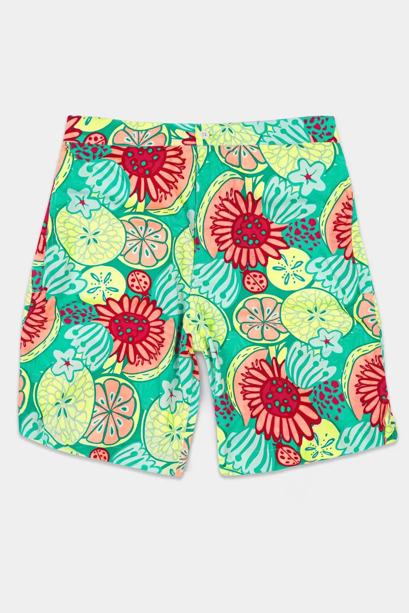 Caribbean Green With Scarlet Red Floral Printed Premium Cotton Shorts 2