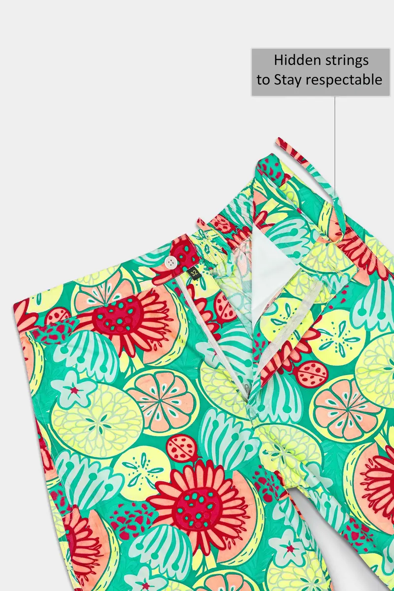 Caribbean Green With Scarlet Red Floral Printed Premium Cotton Shorts 4