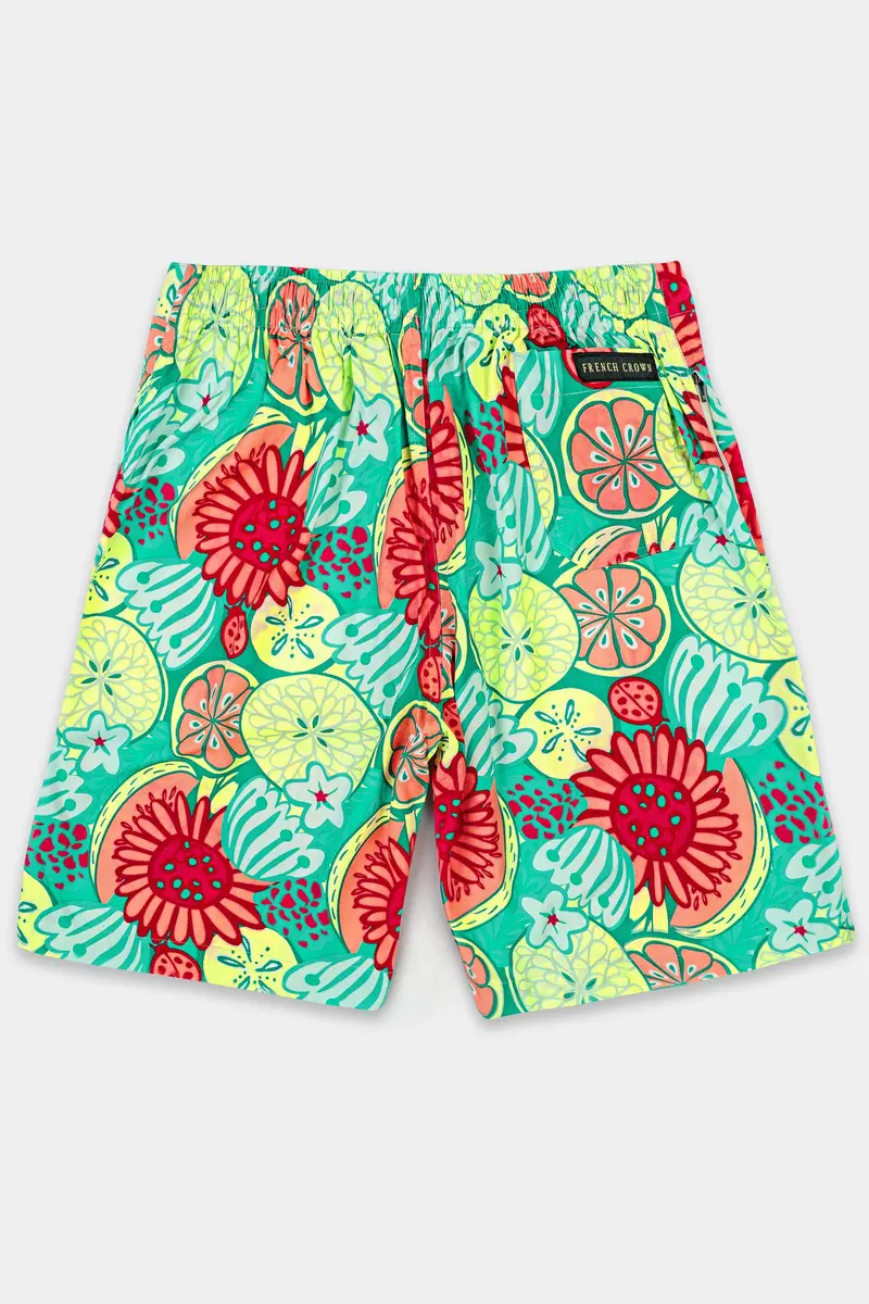 Caribbean Green With Scarlet Red Floral Printed Premium Cotton Shorts 5