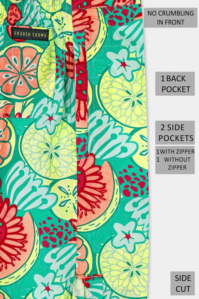 Caribbean Green With Scarlet Red Floral Printed Premium Cotton Shorts 6