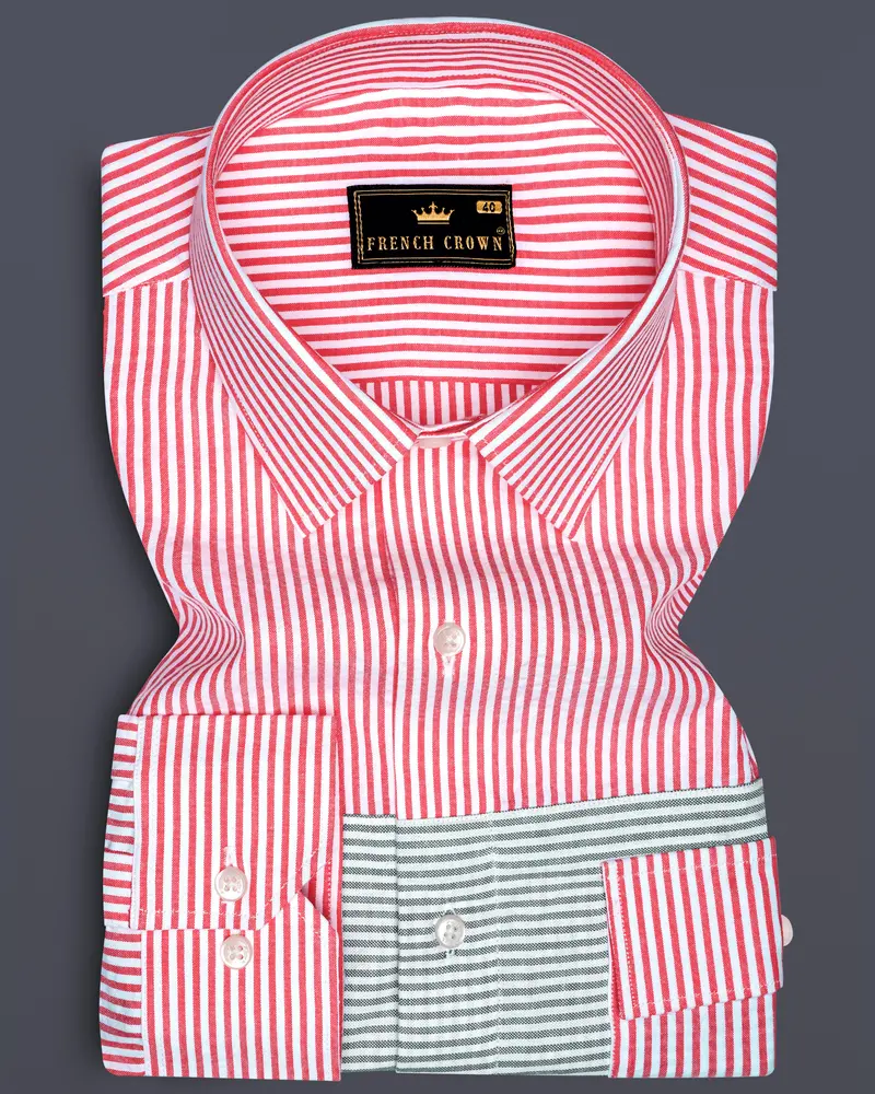 Carmine Pink With Cascade Green Striped Seersucker Giza Cotton Designer Shirt 1
