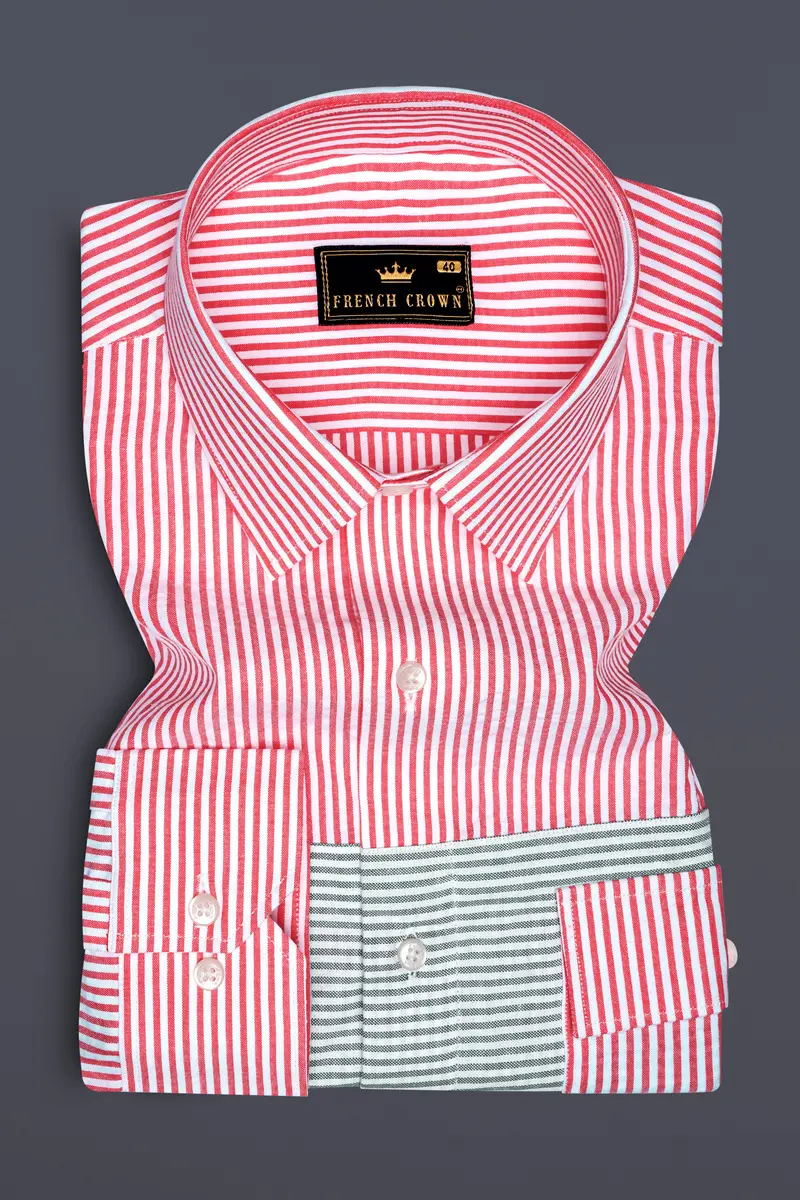 Carmine Pink With Cascade Green Striped Seersucker Giza Cotton Designer Shirt 2