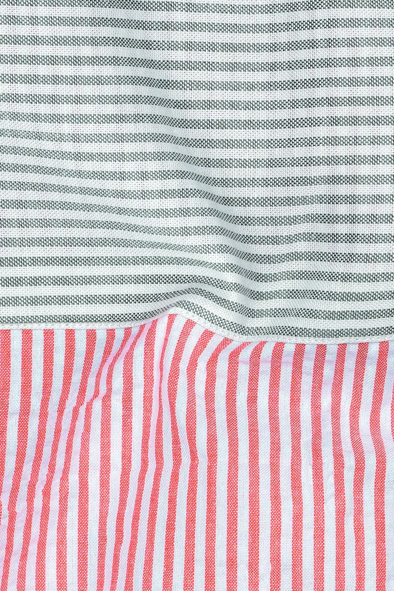 Carmine Pink With Cascade Green Striped Seersucker Giza Cotton Designer Shirt 3