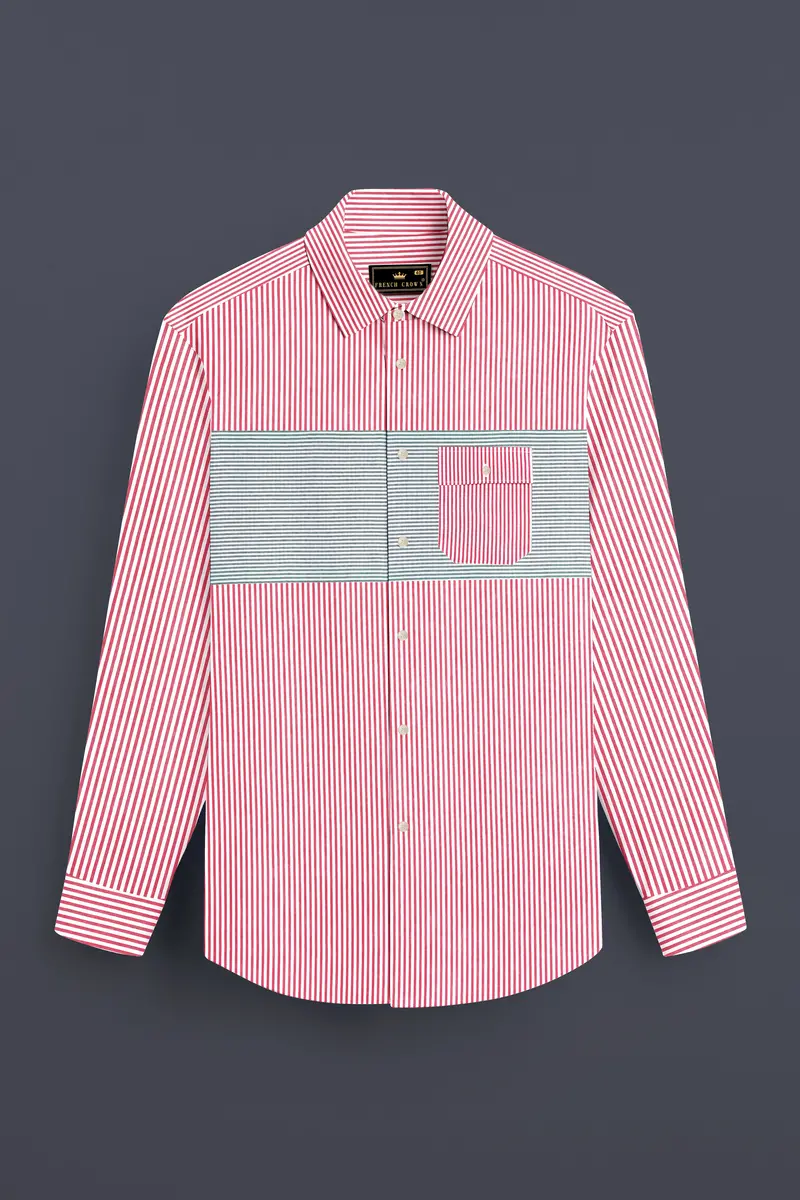 Carmine Pink With Cascade Green Striped Seersucker Giza Cotton Designer Shirt 4