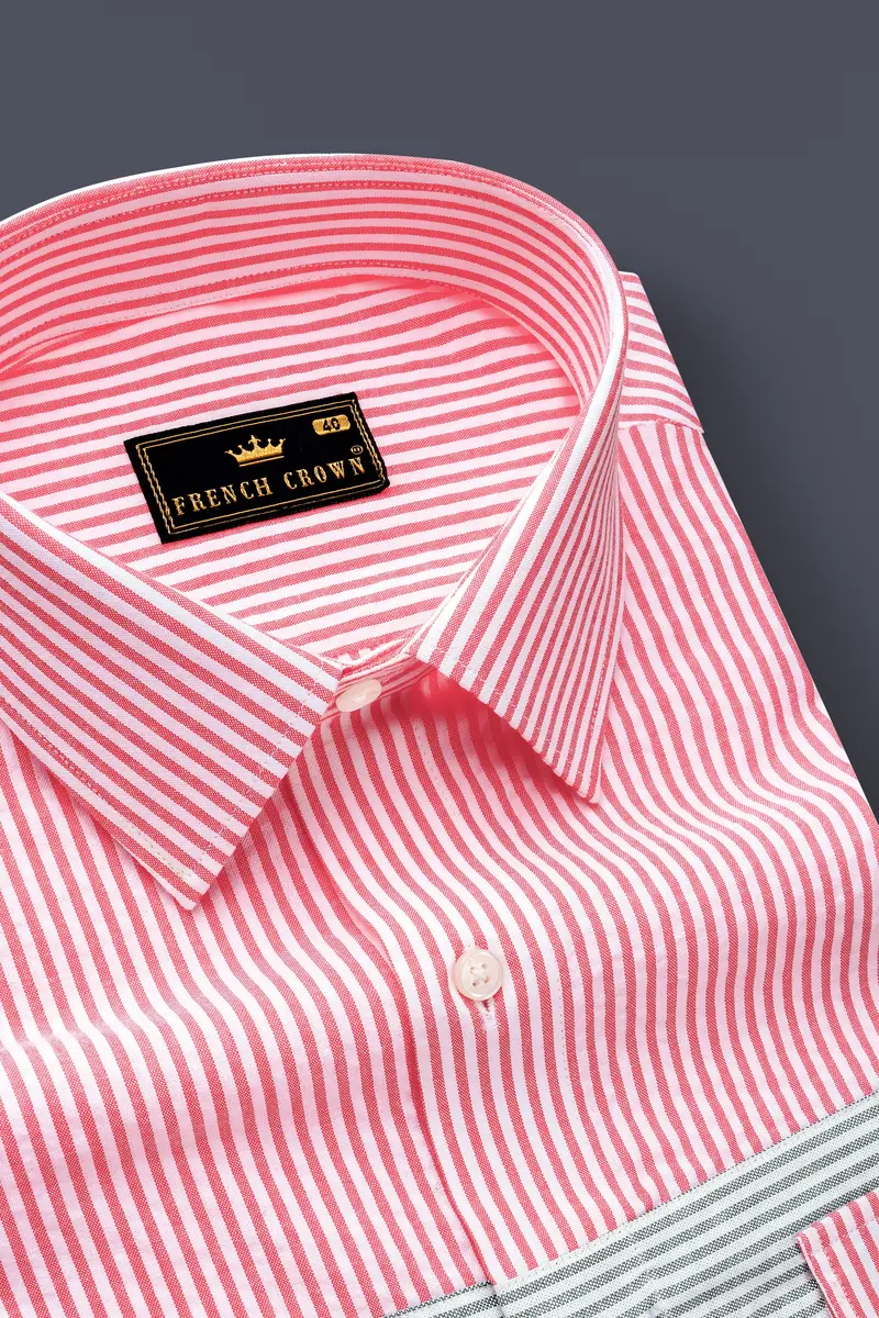 Carmine Pink With Cascade Green Striped Seersucker Giza Cotton Designer Shirt 5
