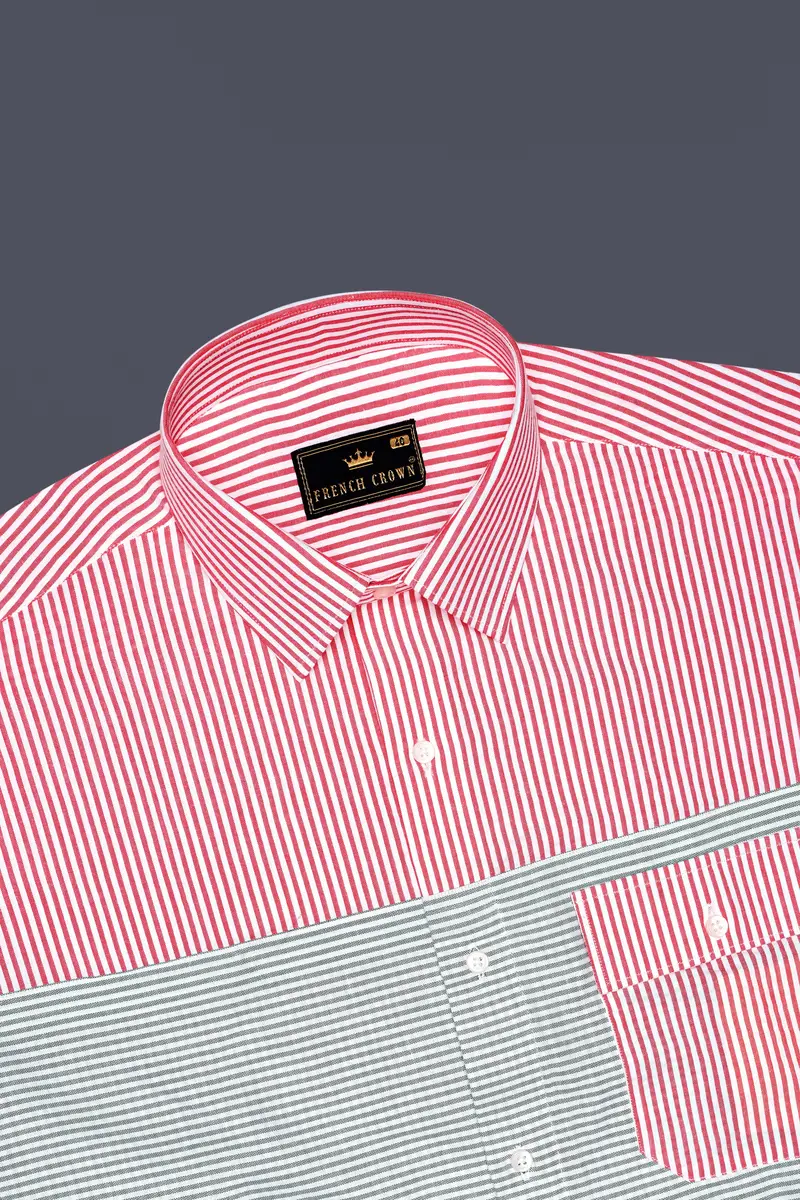 Carmine Pink With Cascade Green Striped Seersucker Giza Cotton Designer Shirt 6