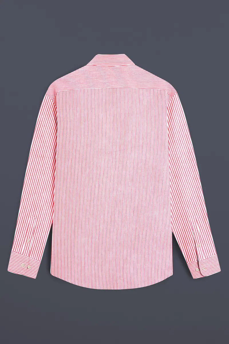 Carmine Pink With Cascade Green Striped Seersucker Giza Cotton Designer Shirt 7