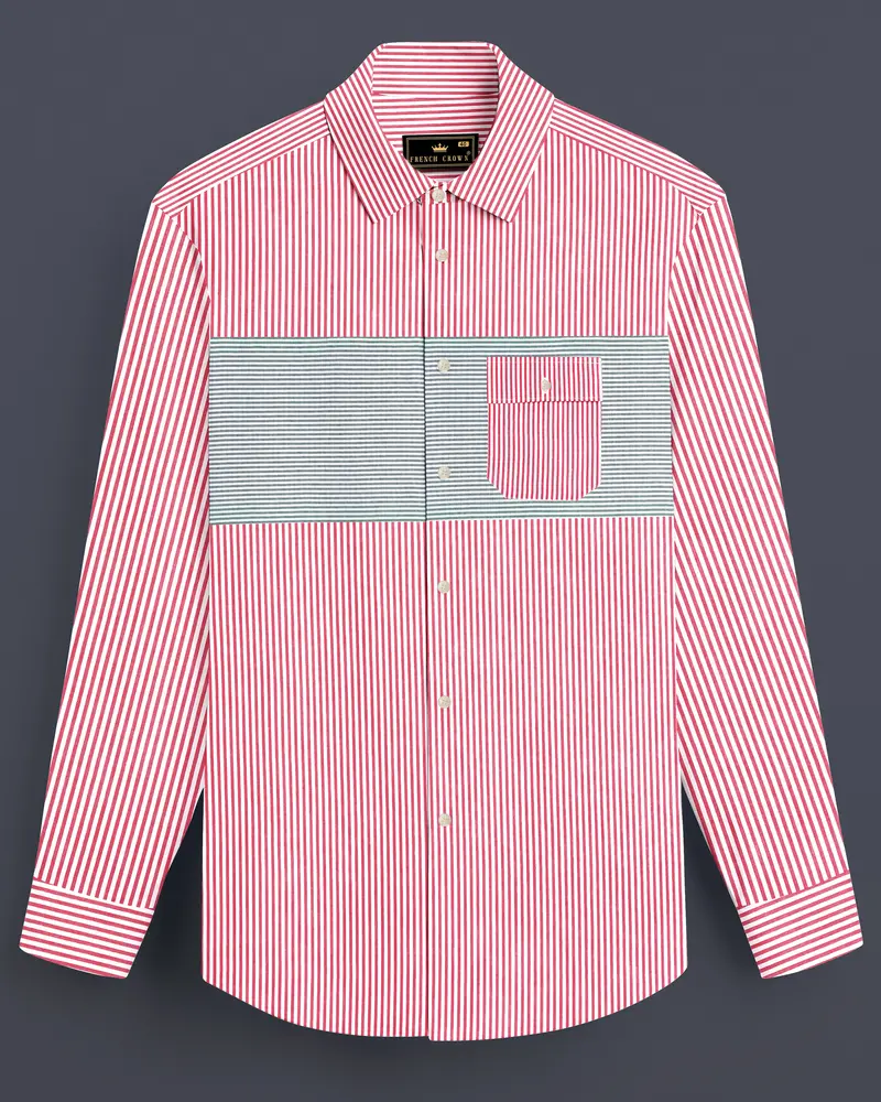 Carmine Pink With Cascade Green Striped Seersucker Giza Cotton Designer Shirt 8