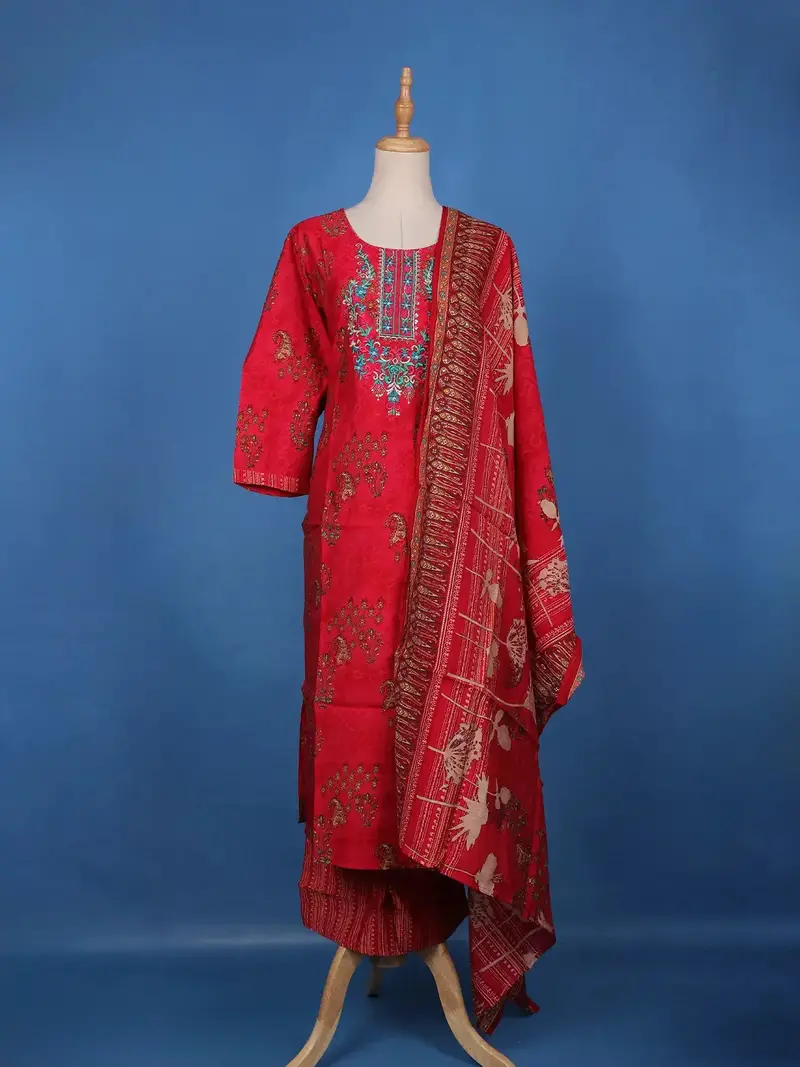 Carmine Red Floral Design Embroidered Semi Silk Salwar Suit 1