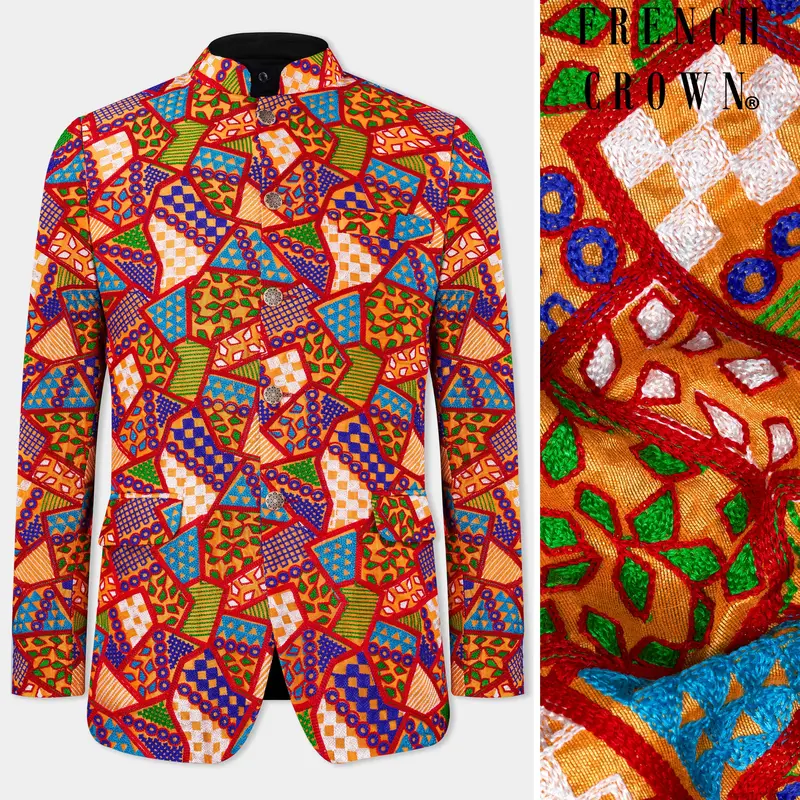 Carmine Red With Amber Yellow Multicolour Cotton Thread Embroidered Bandhgala Designer Blazer 1