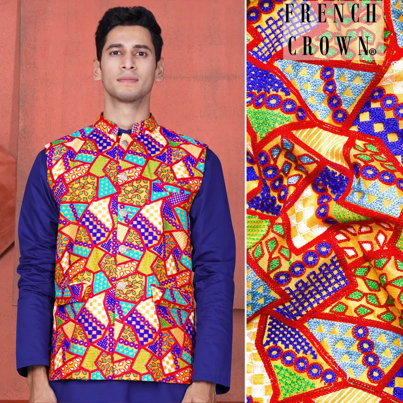Carmine Red With Amber Yellow Multicolour Cotton Thread Embroidered Designer Nehru Jacket 1