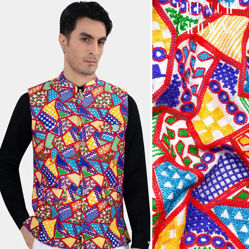 Carmine Red With Cobalt Blue And Amber Yellow Multicolour Cotton Thread Embroidered Nehru Jacket 1