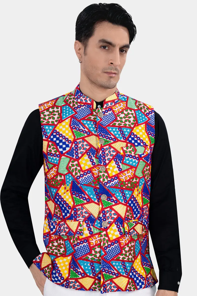 Carmine Red With Cobalt Blue And Amber Yellow Multicolour Cotton Thread Embroidered Nehru Jacket 2