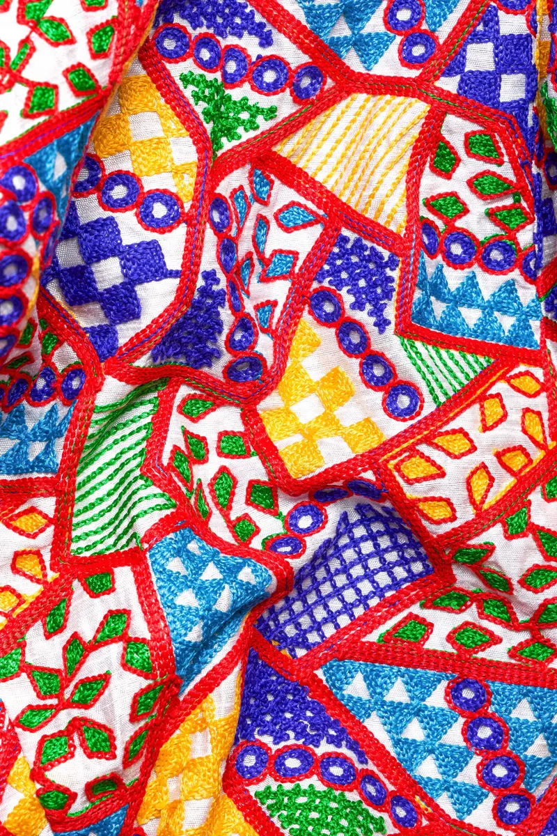 Carmine Red With Cobalt Blue And Amber Yellow Multicolour Cotton Thread Embroidered Nehru Jacket 3