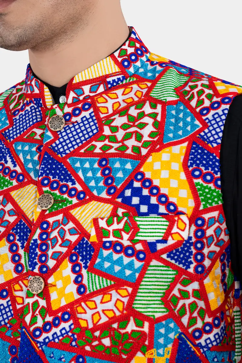 Carmine Red With Cobalt Blue And Amber Yellow Multicolour Cotton Thread Embroidered Nehru Jacket 4