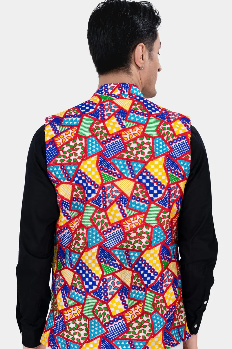 Carmine Red With Cobalt Blue And Amber Yellow Multicolour Cotton Thread Embroidered Nehru Jacket 5